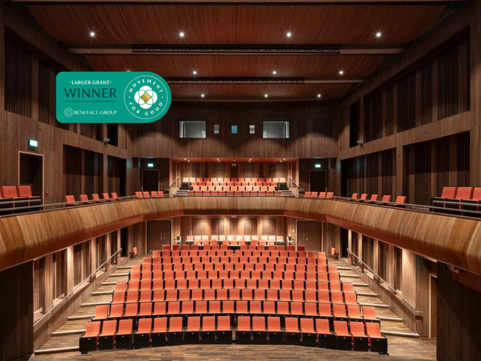 An image of the Whyte Recital Hall with the Benefact Groups logo