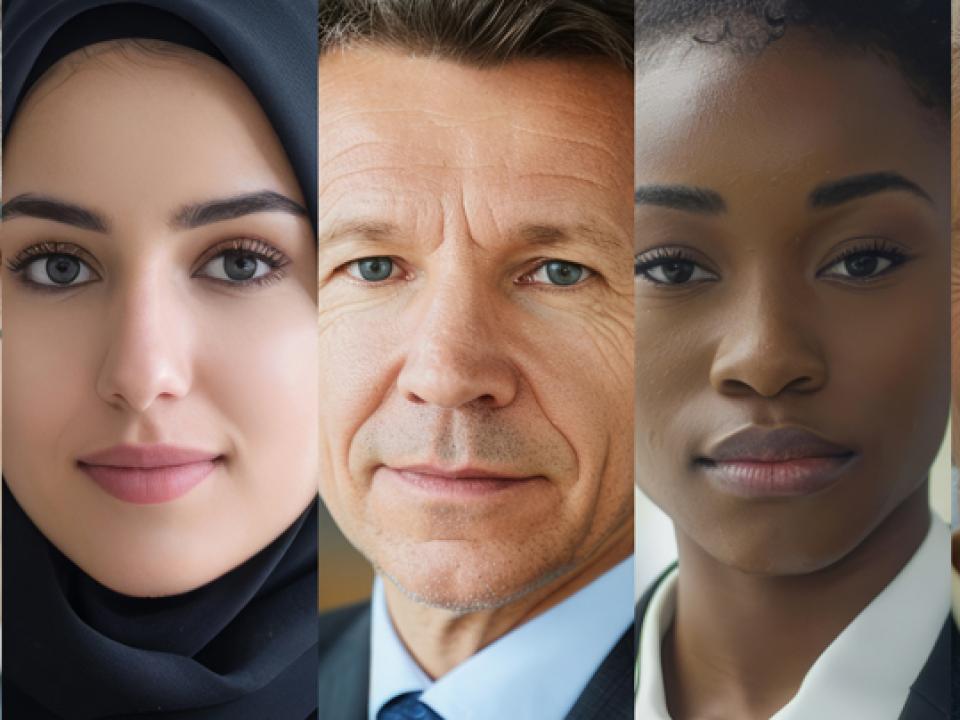 Collage of portraits of different business people. Senior and young men and women diverse ethnicity in formal suits looking at camera.