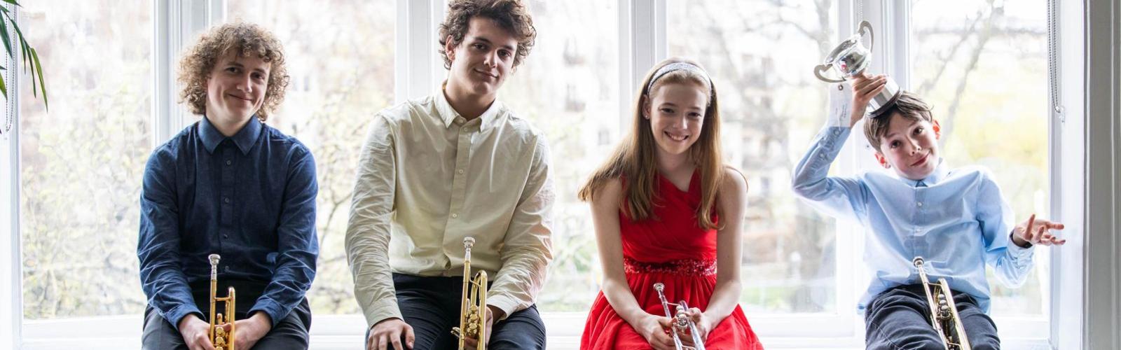 Winners of the Feis Ceoil Junior Brass Ensemble Cup Patrick O’Tierney, Max Bauman, Margot Troup and Harry Lynch. Photo by Clare Keogh courtesy of Feis Ceoil.