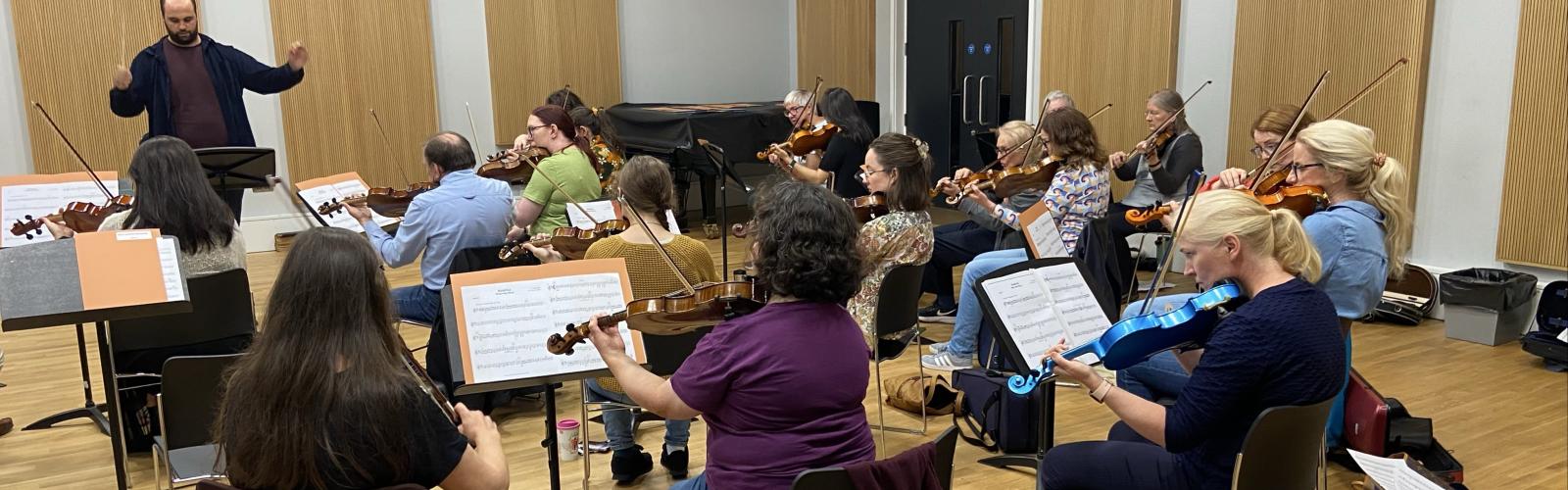 A collection of string orchestra members performing in the Vernon Studio