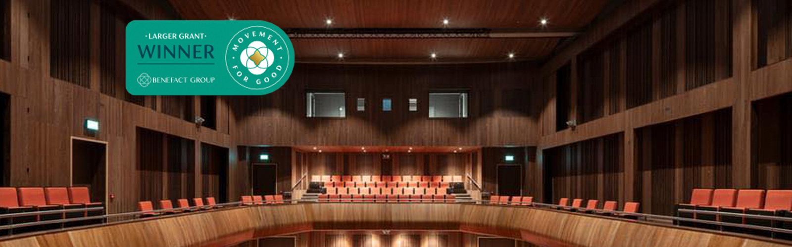 An image of the Whyte Recital Hall with the Benefact Groups logo