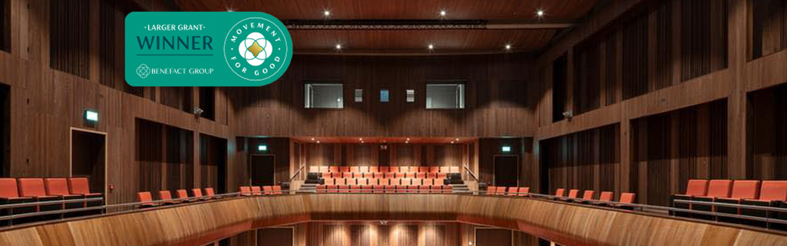An image of the Whyte Recital Hall with the Benefact Groups logo