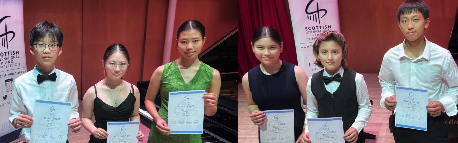 Winners of the Scottish International Youth Piano Competition 2026 in a line with their certificates