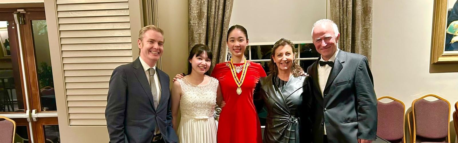 Students Ai Lin Sun and Kwan Yee Lim pose for a photo with RIAM teachers Peter Tuite and Therese Fahy, and Hugh Tinney